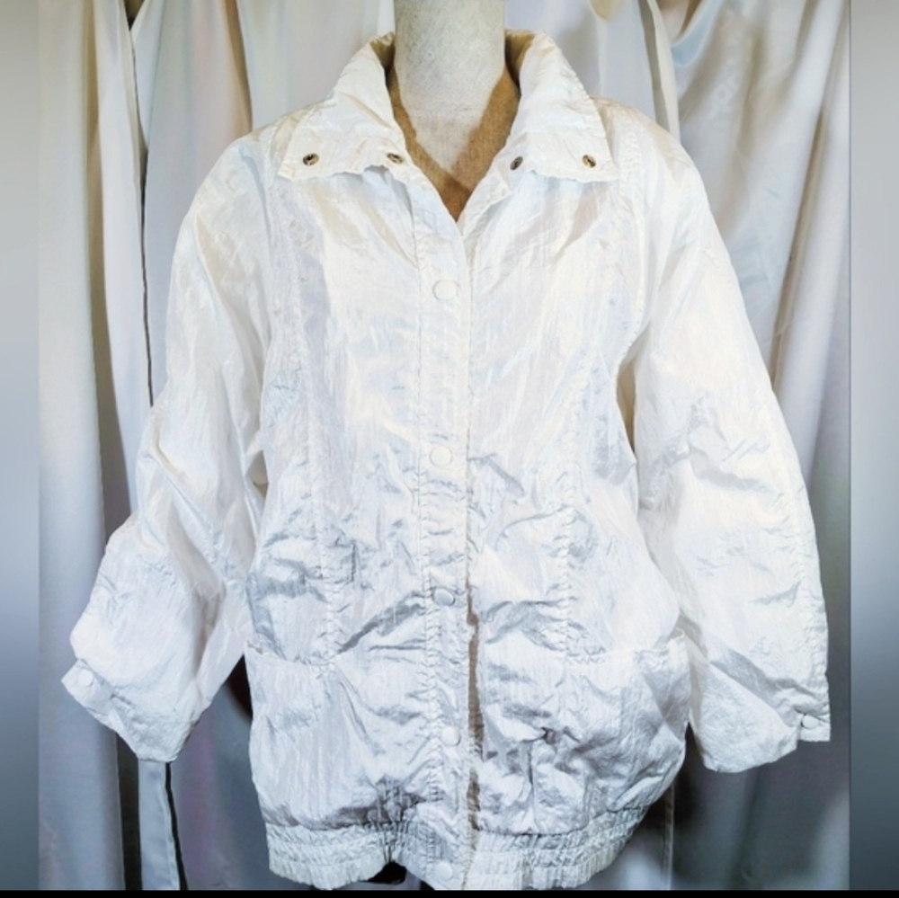 Kristen Blake Windbreaker Satin Rain Jacket, Women,Off White, SnapUp, Collar, XS